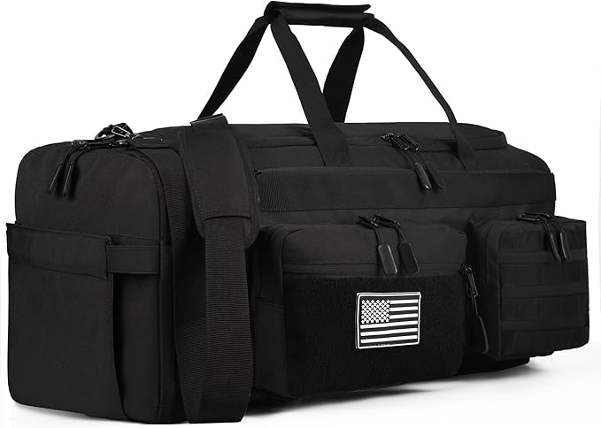 LHI 50L Tactical Duffle Bag for Men 3-in-1 Gym Duffle and Backpack Shoe Compartment Laptop Sleeve and MOLLE Carry-On Travel Weekender and Overnight Bag – Black