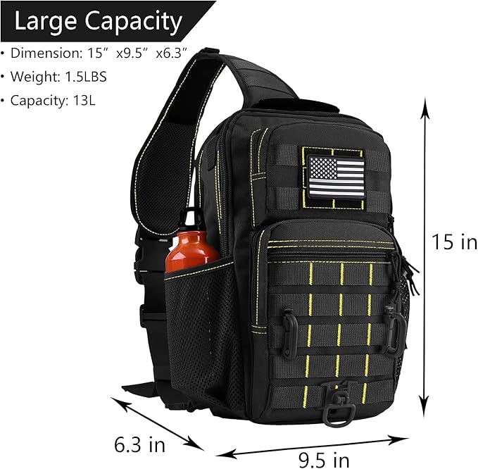 Rover Sling Pack Tactical Shoulder Sling Bag Backpack with Bottle Holder Crossbody Chest Bag Black with Yellow