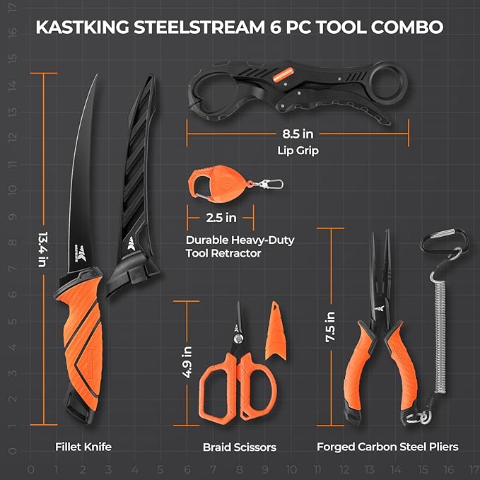 KastKing SteelStream 6pc Fishing Tool Kit - Corrosion Resistant Fishing Pliers with Lanyard Fillet Knife Floating Fish Lip Gripper Fishing Braid Scissors Tool Retractor Fishing Gifts for Men