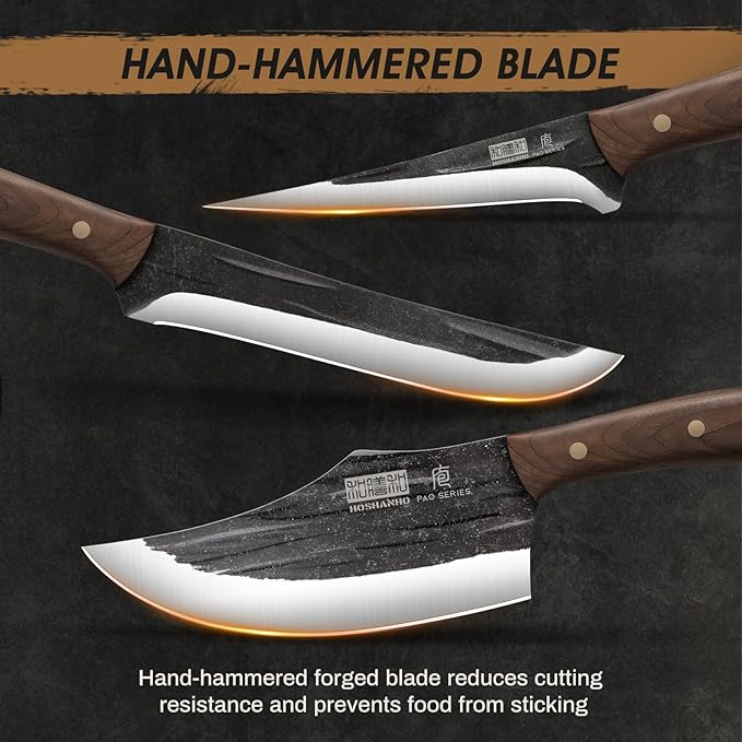 HOSHANHO Butcher Knife Set Hand Forged Butcher Chef Knife Set with Roll Bag Sharp Meat Cleaver Knife &amp Bone Chopper Knives &amp Fillet Knives for Home &amp Camping &amp BBQ Gift with Men