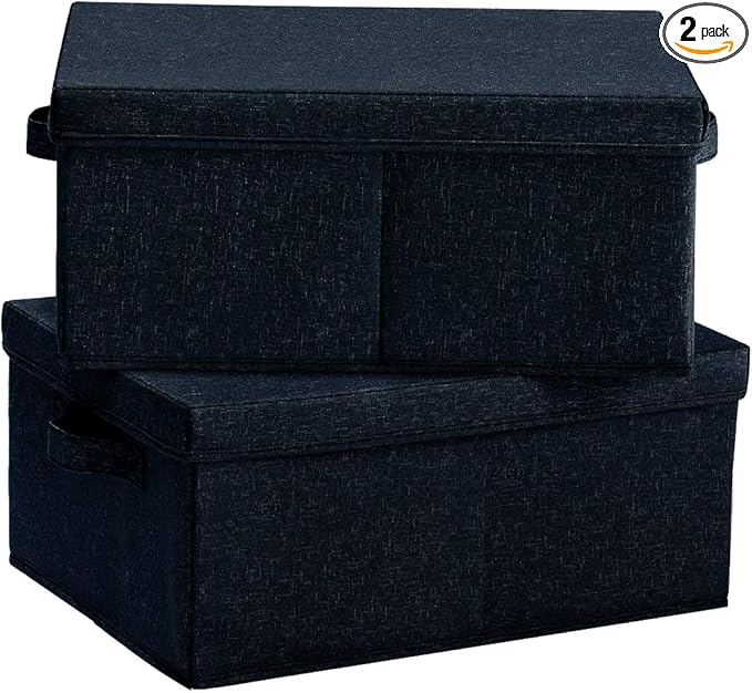 HOONEX Linen Foldable Storage Bins with Lids 2 Pack Storage Boxes with Carrying Handles and Sturdy Heavy Cardboard 16.5 L x 11.8 W x 7.5 H for Shoes Books Clothes Nursery Dark Grey