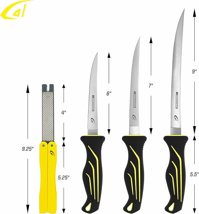danco 5PC Fillet Knife Kit 679 with Roll Bag &amp Folding Sharpener Fish Fillet and Deboning Knives Freshwater/Saltwater Fishing Non-Slip Handle Durable Roll Bag Stainless Steel Blades