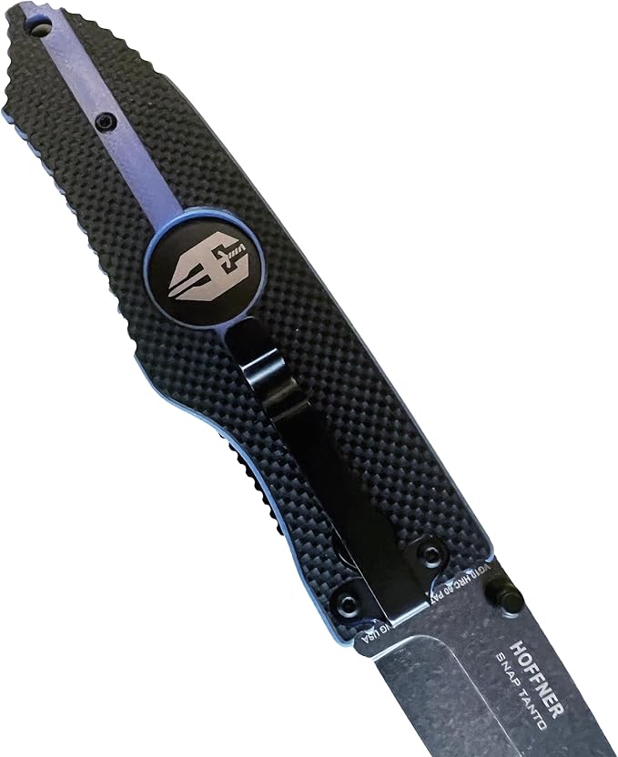 HOFFNER 3.5 EDC Folding Knife with Pocket Clip VG10 Japanese Stainless Steel Black Acid Washed Tanto Blade - (First Responder Thin Blue Line Medium Texture Grip) - Camping Hiking Outdoor Survival