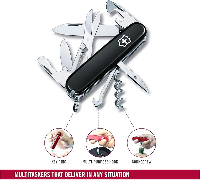 Victorinox Climber Swiss Army Knife 14 Function Swiss Made Pocket Knife with 2 Blades Corkscrew and Screwdriver - Black