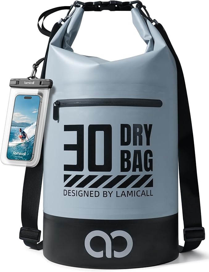 Lamicall 30L &amp 20L Dry Bag Waterproof Backpack - [Zippered Pocket] Roll Top Waterproof Bag Blueish Gray &amp Black
