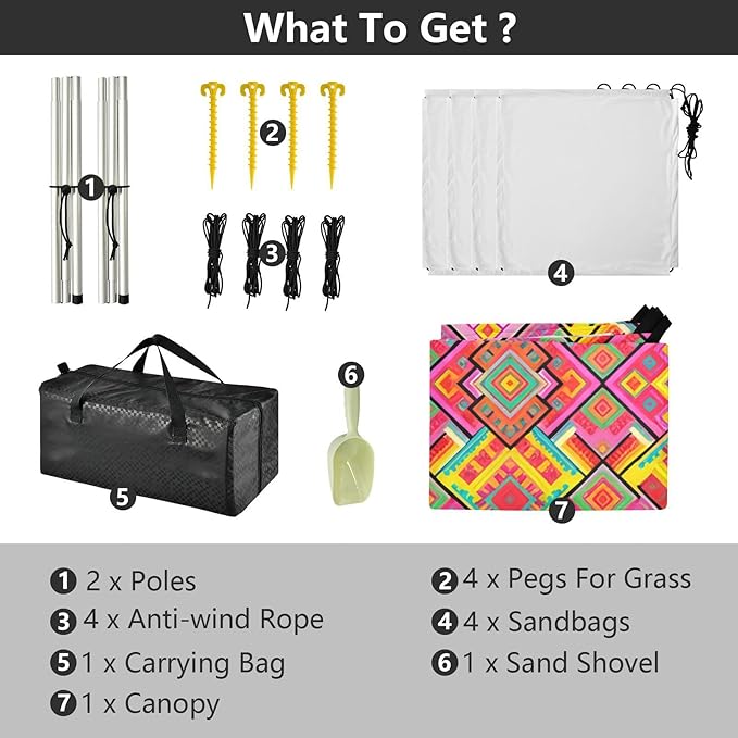 Beach Canopy with Windproof Ropes &amp Sandbags Beach Tent Sun Shade Sun Shelter for Camping Trips Fishing Backyard Fun or Picnics Boho Tribal Aztec