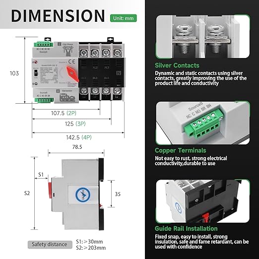 63Amp AC220V Automatic/Manual Transfer Switch 4P 50/60Hz 4POLE 63A Mini ATS Solar Auto Dual Power Switch W2R for Home Generator Din Rail Mount Cn Automatic Changeover Fast Transfe forRvLv Power