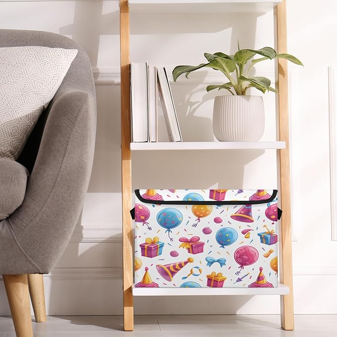 Happy Birthday Storage Basket with Lid Birthday Theme Foldable Storage Box Fabric Storage Bins with Carrying Handles for Home Bedroom Closet Organization