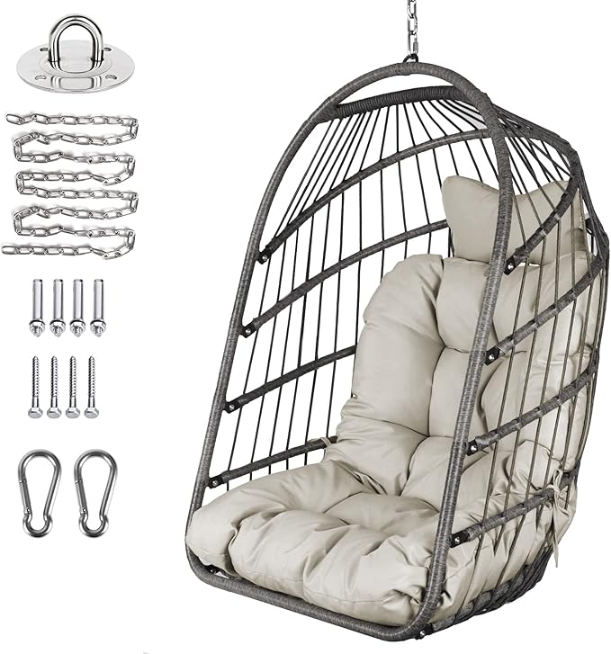 Chihee Egg Chair Foldable Wicker Rattan Hanging Swing Chair Indoor Outdoor Patio Wicker Chair Hammock Chairs with Stainless Steel Hanging Kit Chain Link UV Resistant Cushion Bedroom Balcony