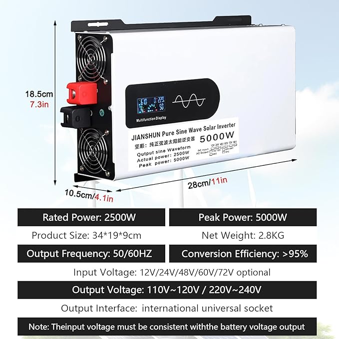 5000W Hybrid Solar Inverter 12V 24V 48V 60V 72V DC to 110V 220V AC Converter with LCD Screen Display Pure Sine Wave Inverter for Truck Home Vehicles Laptop Trip72V-5000W
