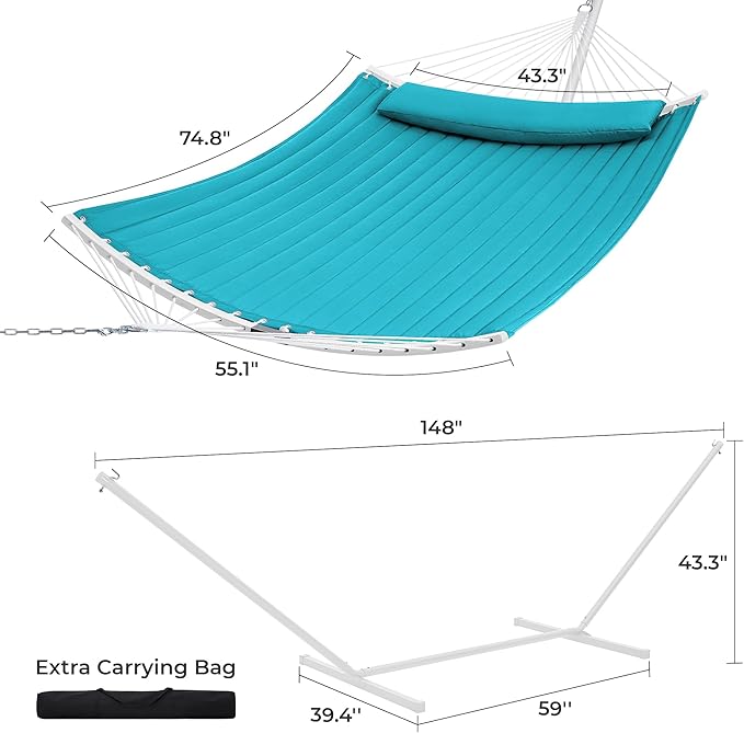 SUPERJARE Hammock with Stand 2 Person Heavy Duty Hammock with Padded Cotton Detachable Pillow &amp Strong Curved-Bar &amp Portable Carrying Bag Perfect for Outdoor &amp Indoor Sky Blue