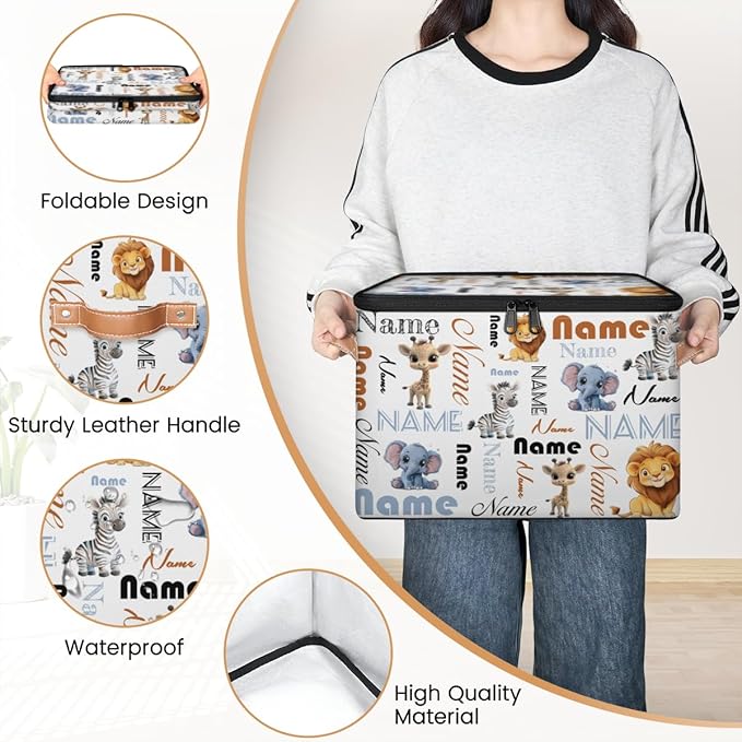 Custom Storage Bins with Zipper Lid Personalized Elephant Zebra Giraffe Lion Fabric Lidded Storage Baskets Boxes Foldable Cubes Clothes Organizer Container