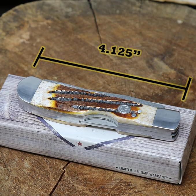 WHISKEY BENT HAT CO. Trapper &amp Locking Bullcutter Folding Pocket Knife 4.125 Closed Length 440C Stainless Steel Blades (Honey Badger - Damascus Blades)