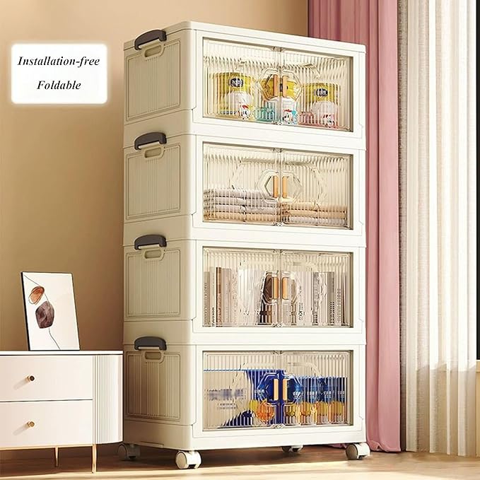 Generic Storage Bins with Lids Stackable Plastic Containers Storage Box Storage Cabinet with Door White Closet Organizers for Organization 52x30cm 4 Tier