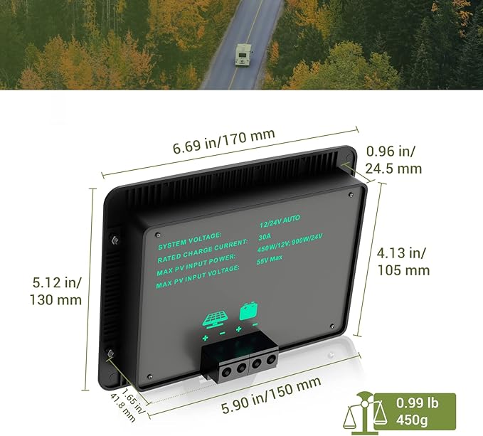 HQST 30A 12V/24V PWM Flush Mount Solar Charge Controller Solar Regulator Negative Ground with Back lit Display for Lithium Sealed Gel Flooded Batteries