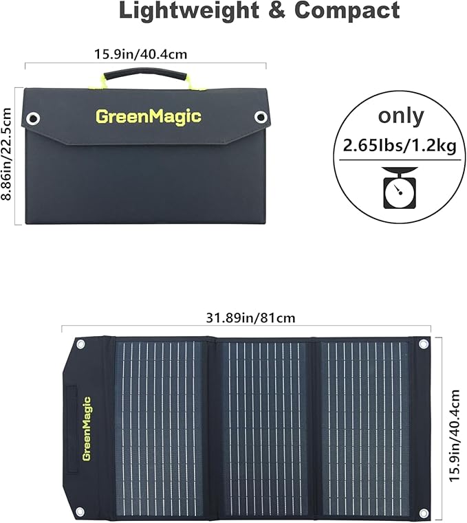 Greenmagic 40 Watt Portable Solar Panel with USB-A USB-C DC Output Foldable Solar Panel Charger Waterproof Fast Charging for Power Battery Power Station Smart Watches Phones Tablets Laptops etc