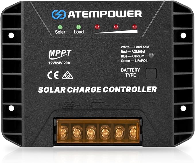 ATEM POWER 20A 12V/24V MPPT Solar Charge Controller Selecting Battery Type Activate Lithium Battery Intelligent Solar Controller Compatible with Lead Acid AGM Gel Calcium and LiFePO4 Battery