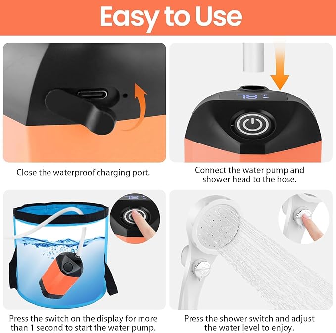 Portable Camping Shower 7800mAh Rechargeable Camp Shower Pump with LED Display 2 Mode Electric Portable Shower for Camping Hiking Travelling Washing
