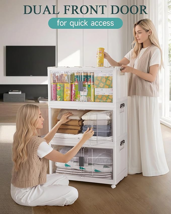OlarHike 97QT Stackable Storage Bins with Lids - Folding Storage Box with Doors and Wheels Collapsible Plastic Storage Drawers for Closets and Organization Garage Office Cabinet 4 Pack Cubes