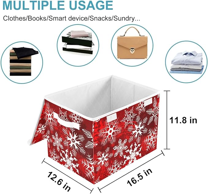 CaTaKu Large Fabric Storage Bins With LidsRed Snowflakes Christmas Storage Boxes With Handles for Organizing Clothes Collapsible Storage Cube Bins Baskets for Shelves