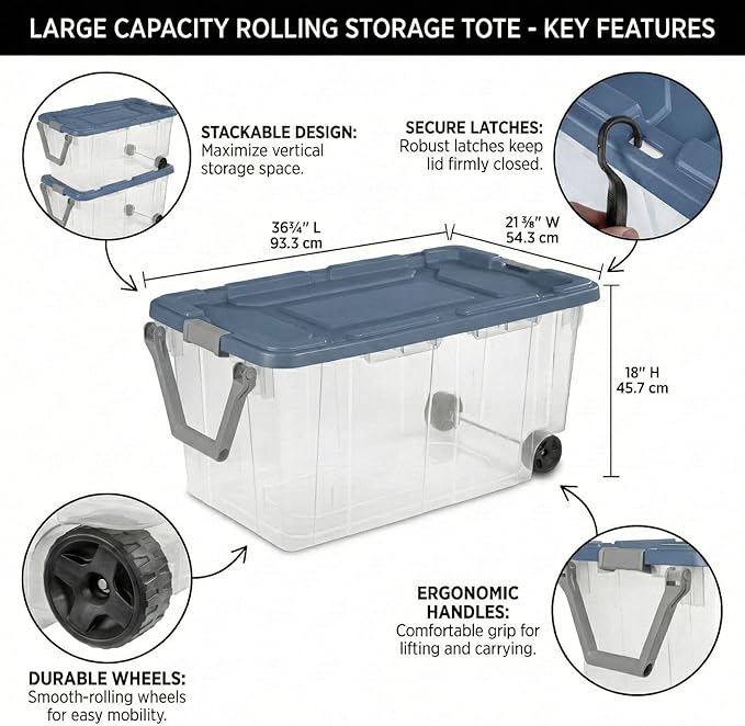 Storage Bins with Wheels 160 Quart 2 Pack Heavy Duty Clear Plastic Totes with Ergonomic Handle Non-Slip Latches Large Stackable Storage Containers for Home &amp Garage (Clear Blue)