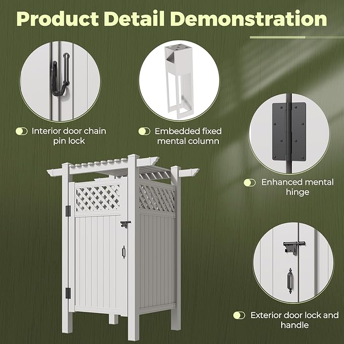 EROMMY 88.5H x 57.5W x 47.75L White PVC Outdoor Shower Enclosure with Door Weatherproof Privacy Stall for Pool &amp Beach Durable Vinyl Construction（Grid-panel with roof）