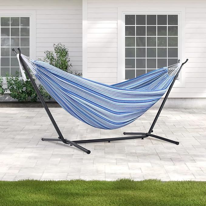 550lbs Capacity Double Hammock Adjustable Hammock Bed with 10ft Heavy Duty Steel Stand Includes Portable Carrying Case Easy Set up European Style Blue Stripes