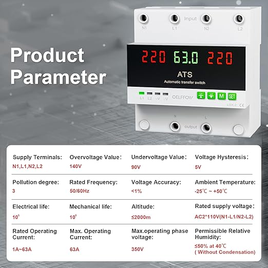 110 VAC Dual Power Automatic Transfer Switch 2-Pole 63 Amp DIN Rail ATS Adjustable Emergency Power Switch with 3.54” Guide Rail