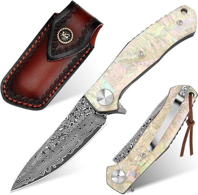 Benkey Damascus Pocket Knife Extremely Sharp VG10 Core Damascus Steel Folding Knives with Clip and Leather Sheath Unique Abalone Seashells Handle Ball Bearing Liner Lock Knife for EDC Men Women