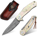 Benkey Damascus Pocket Knife Extremely Sharp VG10 Core Damascus Steel Folding Knives with Clip and Leather Sheath Unique Abalone Seashells Handle Ball Bearing Liner Lock Knife for EDC Men Women