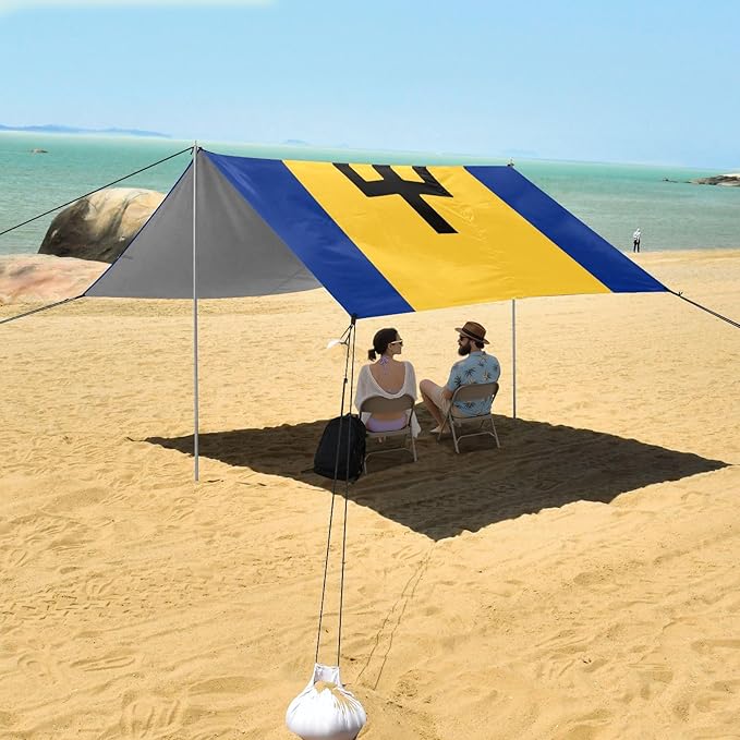 Flag Barbados Foldable Beach Tent UPF50 Water-Resistant Portable Sun Shelter with Sand Shovel for Backyard and Camping