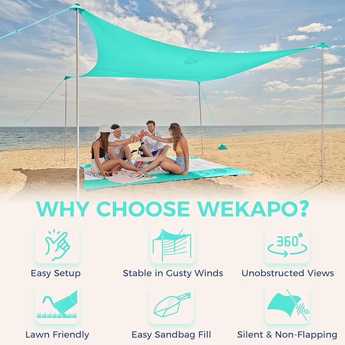 WEKAPO Beach Tent Sun Shelter - Easy Setup Beach Canopy with 4 Sturdy Poles Large Sandbags and Shovel 6'7'' Tall Windproof Sun Shade for Backyard and Camping UPF 50+ Protection