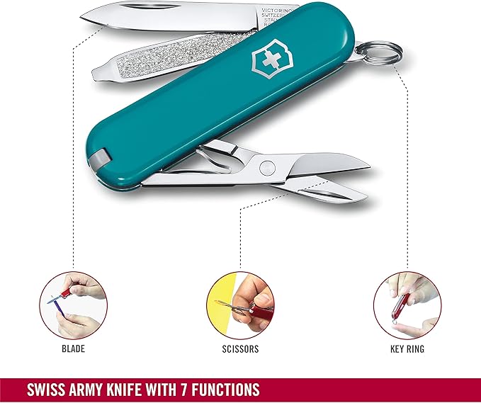 Victorinox Classic SD Swiss Army Knife Compact 7 Functions Swiss Made Pocket Knife with Small Blade Screwdriver and Key Ring - Mountain Lake (Torqouise)