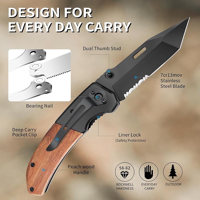 Vickay Pocket Knife Folding Knife with Clip - 3.54″ Black Serrated Steel Blade Wood Handle EDC Knife for Men &amp Women Outdoor Camping Tactical Hunting Hiking Survival - Father’s Day Gift