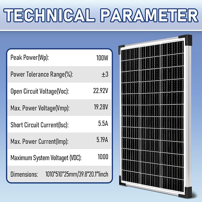 Solar Panel Kit 100W 12V MonocrystallineBattery Maintainer +20A Solar Charge Controller +16.4Ft Extension Cable with Battery Clips O-Ring Terminal for RV Marine Boat Off Grid System