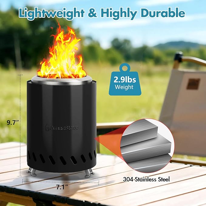 9.7 x 7.1 Inch Tabletop Fire Pit by AmazStove Low Smoke Camping Stove for Outdoor Safe Burning Firepits Fueled Pellets or Wood Travel Bag Included (Black 9.7 x 7.1 INCH)