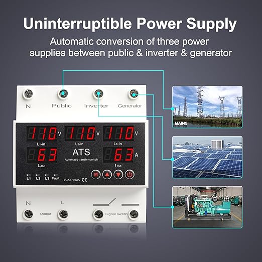 4P 63A 110V ATS Automatic Transfer Switch - L1 Priority Phase Selector 50/60Hz Din Rail Mount CE Certified for Public Inverter Generator Use
