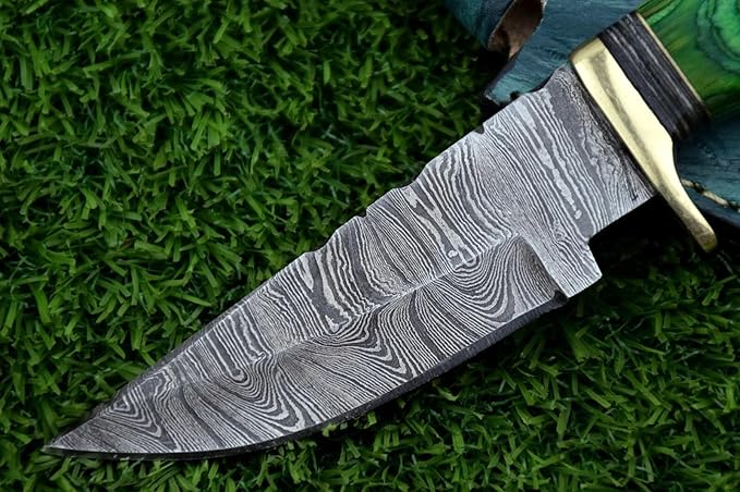 8-Inch Hand-Forged Damascus Steel Hunting Knife Fixed Blade Skinning Design with Leather Sheath Multicolor Wood Handle Brass Guard Twist Pattern Blade for Camping (Green)