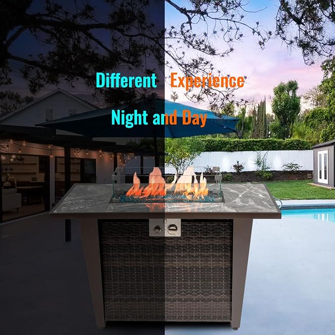 42'' Propane Fire Pit Table Marble Tile Ceramic Tabletop with Glass Wind Guard 50000 BTU Fire Table with Inclined Leg and Art Powder Design Blue Glass Rocks Including Lid&ampCover Brown