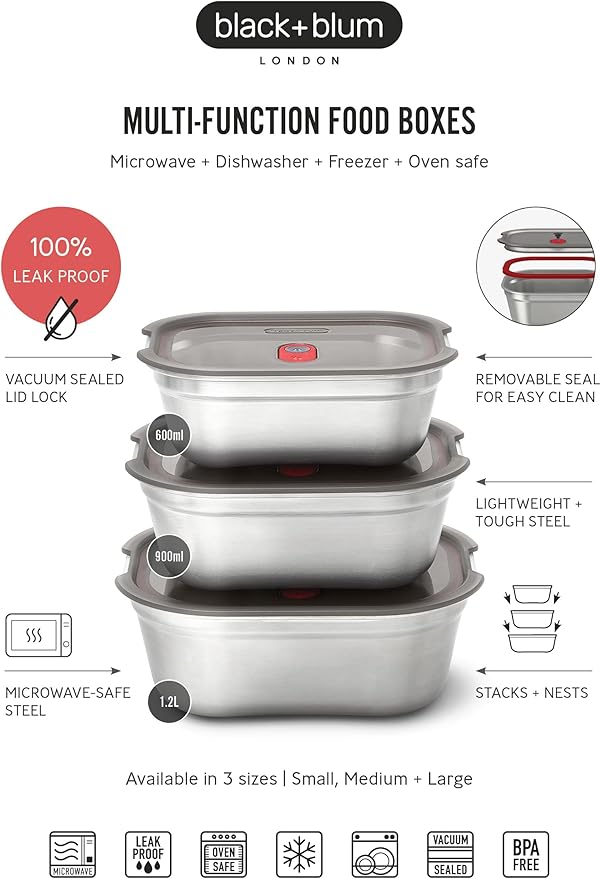 BLACK + BLUM Lunch Bowl Mixed Set - Reusable Meal Prep Containers for Picnic &amp Camping - Microwavable Stainless Steel Lunch Dinner Food Storage Box - Leak Proof Lid - Dishwasher Oven Safe - 20/30/
