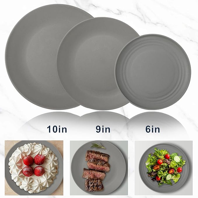 Wrova 40Pack plates and bowls sets for kitchen - Unbreakable wheat straw dinnerware sets service for 8 - Alternative plastic 40pcs dish sets for picniccamping and R.V. - (Grey)