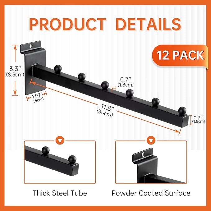 12 Inch Waterfall Slatwall Display Hooks with 6 Balls Heavy Duty Tube Slat Wall Hanger Slatwall Accessories for Retail Display Clothing Bags Accessories(12 Pack)