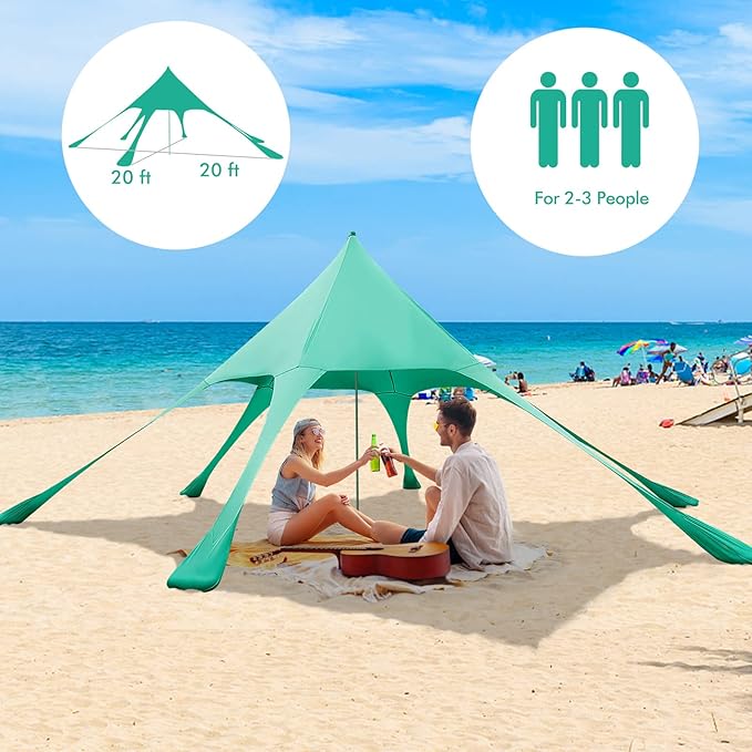 HAPPYGRILL Beach Canopy Sun Shelter with Aluminum Pole 20 FT x 20 FT UPF 50+ Pop Up Tent with Sandbag Tent Pegs Sand Shovel Carry Bag Portable Outdoor Sunshade for Camping Sport Events Picnic