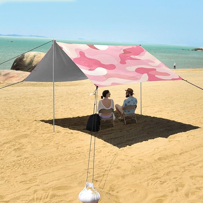 Rose Pink Foldable Beach Tent UPF50+ Protection Lightweight Portable Sun Shelter with Sandbags &amp Sand Shovel for Camping Picnics Backyard