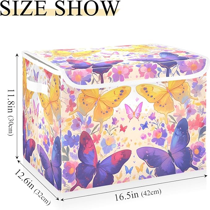 Bright Butterfly Lidded Storage Bins with Handles - 16.5x12.6x11.8 Foldable Organizing Box Oxford Fabric &amp Honeycomb Board Dust-Proof Flip Lid for Closet/Office