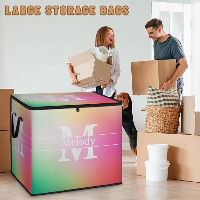 Personalized Extra Storage Bins with Lid Customized Name Initial Letter Jumbo Storage Basket Rectangle Clothes Organizer for Organizing Kids and Pets Toys Shelf Closet Gradient Pink with Purple