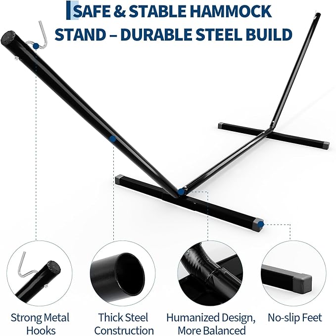 12 FT Outdoor Hammock Stand Heavy Duty Steel Portable 2 Person Hammock Frame with Hooks and Chains 450 LBS Capacity Hammock Holder for Patio Backyard Garden Black