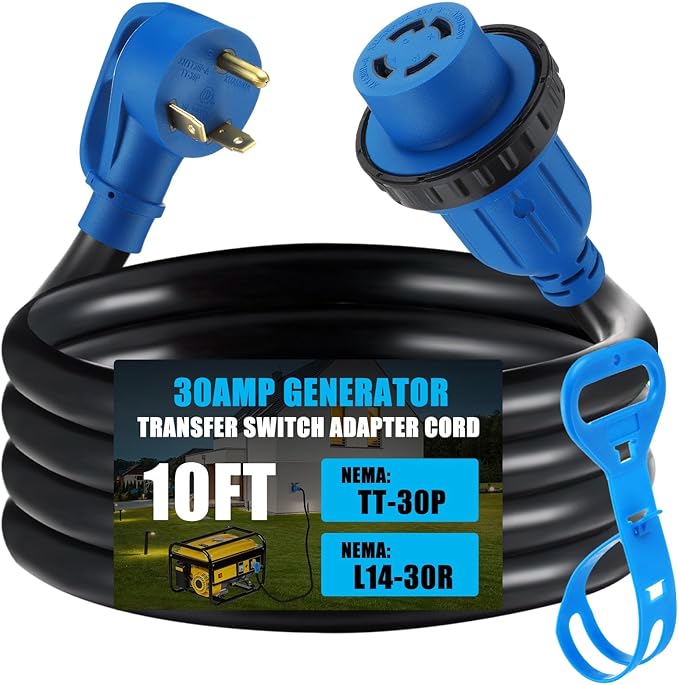 Tellegloww 10 ft TT-30P to L14-30R Generator Transfer Switch Adapter Cord 30 Amp TT-30P Male to L14-30R Female with Locking Ring Generator to House Inlet Box Adapter STW 10 AWG ETL Listed
