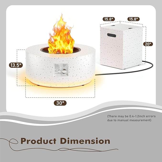 30 Round Propane Fire Pit Table - 50K BTU with Lid Rocks Tank Storage and Cover - Round Gas Fire Pits for Outside Patio - Outdoor Table with Firepit (White/Golden Light 30 Round)