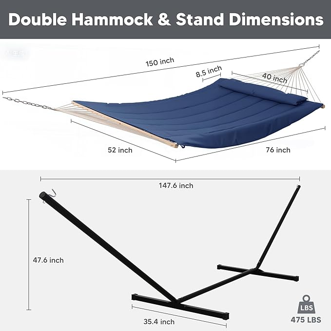SUNCREAT Double Portable Rope Hammock with Stand Included Outdoor Two Person Hammock with Polyester Pad Navy